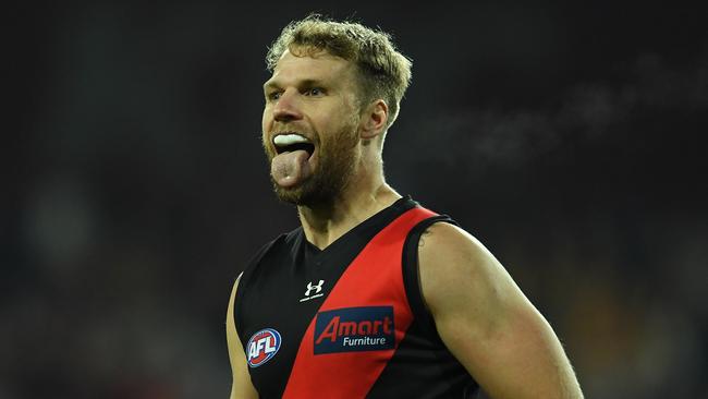 LAUNCESTON, AUSTRALIA - JUNE 20: Jake Stringer of the Bombers celebrates a goal during the round 14 AFL match between the Hawthorn Hawks and the Essendon Bombers at University of Tasmania Stadium on June 20, 2021 in Launceston, Australia. (Photo by Steve Bell/Getty Images)