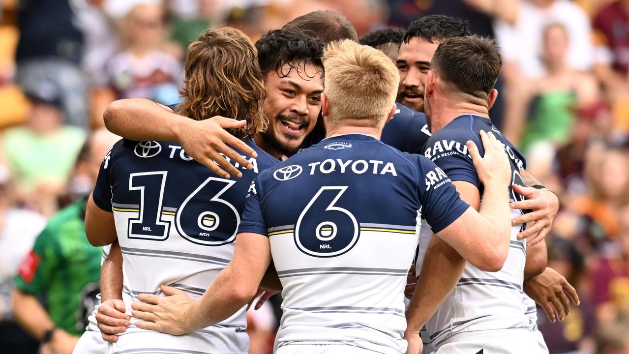 Cowboys players celebrate a try to Jeremiah Nanai (Photo by Dan Peled/Getty Images)