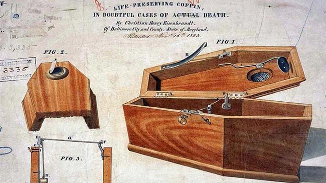 A “life-preserving coffin in doubtful cases of death” patented in the United States in 1843 by Christian Eisenbrandt. Picture: Public domain