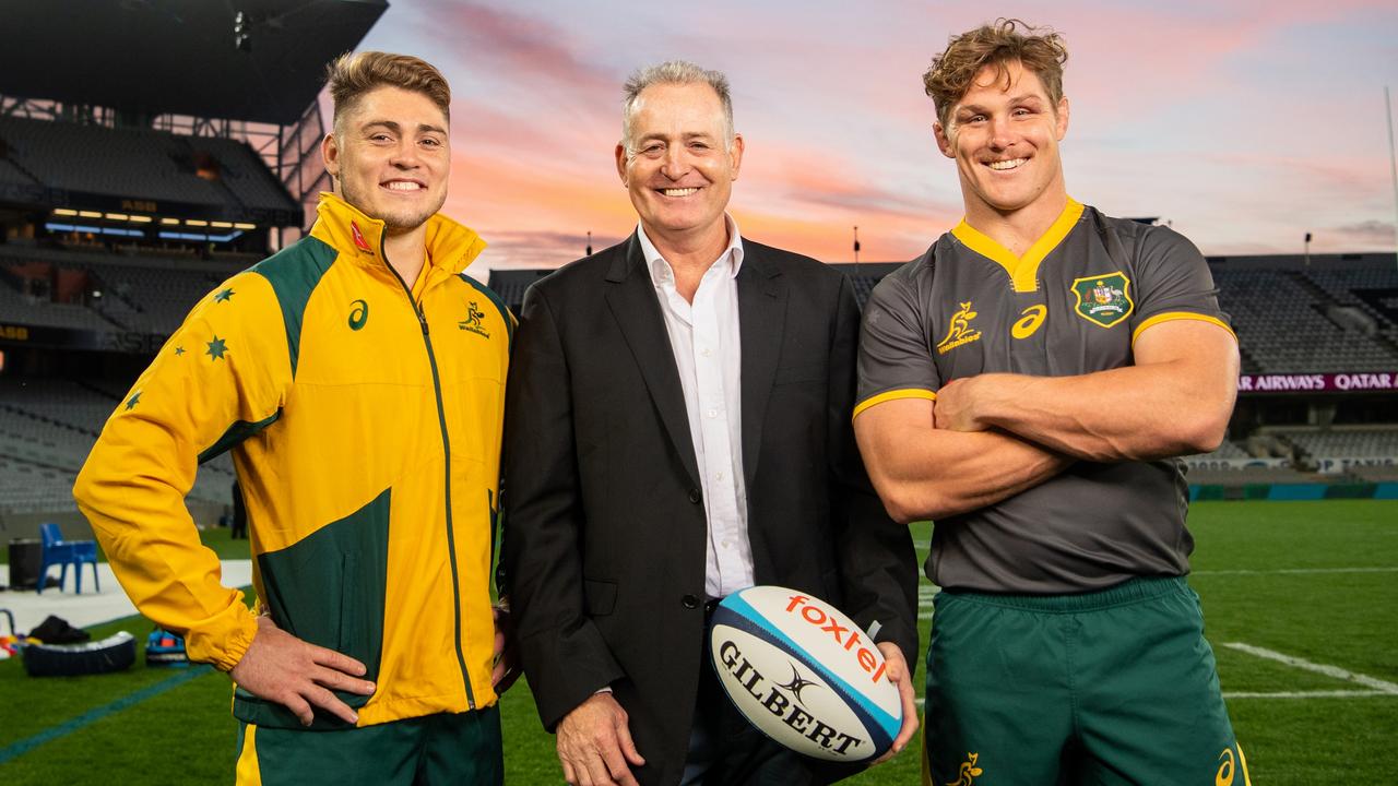 James O’Connor, David Campese and Michael Hooper at Eden Park. Photo: Rugby AU Media/Stuart Walmsley