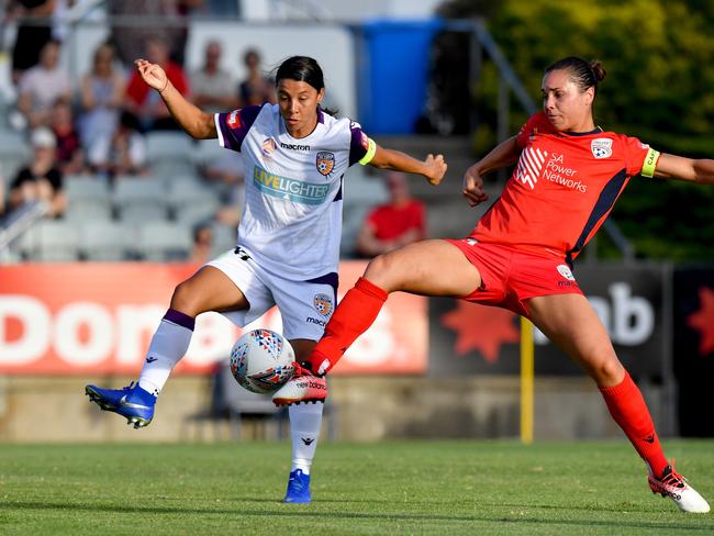 Sam Kerr of Perth Glory and Checker facing each other in an A-League clash. Picture: AAP Image