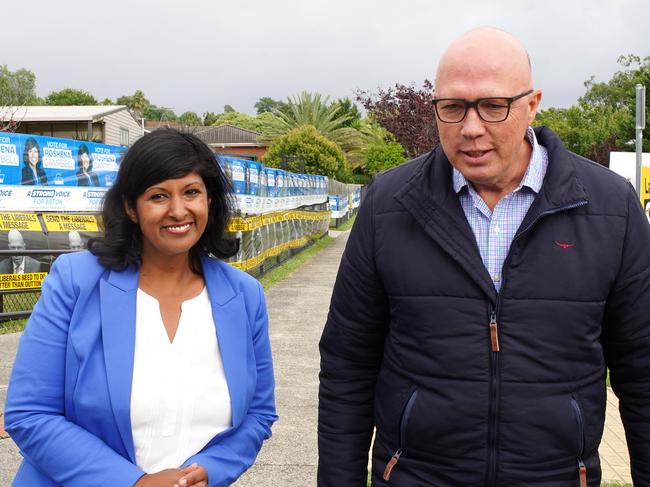 Opposition leader Peter Dutton and the Liberal Party candidate for Aston Roshena Campbell campaigning together. Picture: NCA NewsWire / Luis Ascui