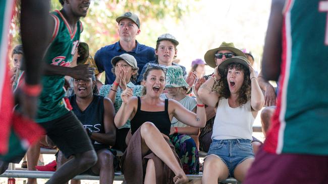 The crowd goes wild in the mens basketball as the Arnhem Crows V Galwinku Tigers game goes down to the wire in a weekend of Music, Sport and Culture at the Barunga Festival. Picture Glenn Campbell