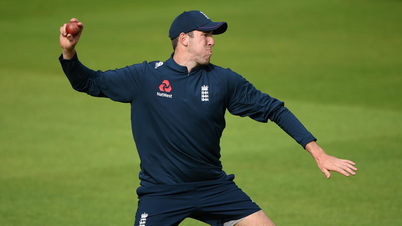 Craig Overton in fielding action during an England practice session.