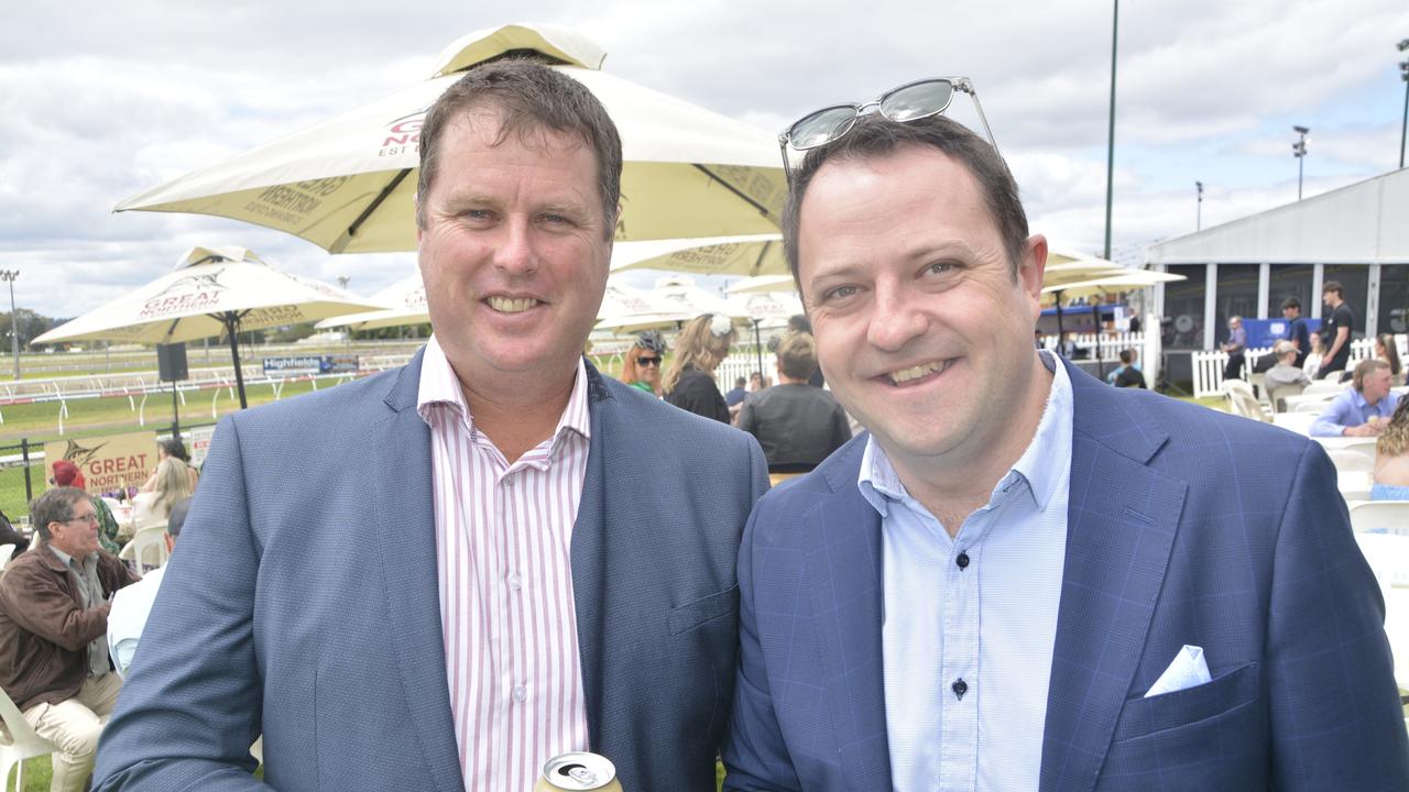 Grant Gillam and Andy Hinton at the 2023 Audi Centre Toowoomba Weetwood race day at Clifford Park Racecourse.