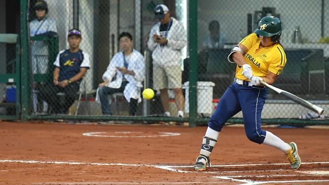 Carmelle Sorensen in action for the Australian Women's Softball team in the Olympic Qualifier tournament last year.