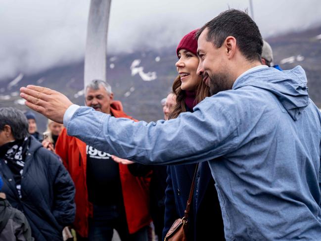 Denmark's Queen Mary is received by the chairman of Naalakkersuisut, Mute Bourup Egede, upon arrival at the Royal Bridge in Qeqertarsuaq in Greenland. Picture: Ida Marie Odgaard / Ritzau Scanpix / AFP / Denmark OUT