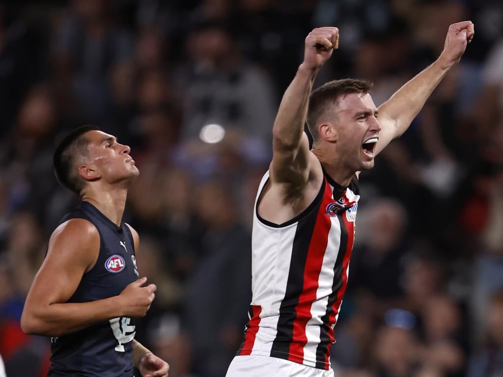 Dougal Howard of the Saints celebrates on the final siren after the round 24 AFL match against the Carlton Blues. Picture: Darrian Traynor/Getty Images