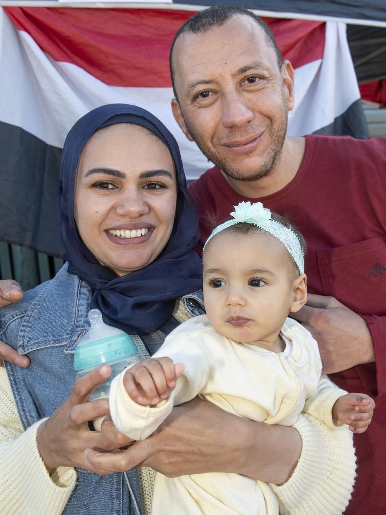 Ahmed Alnaggar with his wife Samar Desouky and daughter Hannah Alnaggar. 9th Annual Toowoomba International food festival and Mosque open day. Saturday, June 25, 2022. Picture: Nev Madsen.