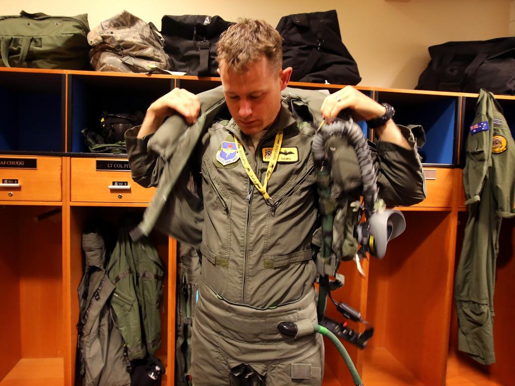 Australian Pilots training in the F35 fighter Jets Luke Airforce Base in Phoenix Arizona. Flight Lieutenant “Damo” before a flight . Picture: Nathan Edwards