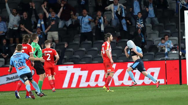 Rhyan Grant of Sydney FC celebrates his goal in extra time during the A-League Grand Final between Sydney FC and Melbourne City. Picture: Phil Hillyard