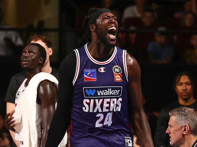 Montrezl Harrell of the 36ers reacts while walking past the Kings Bench during the round four NBL match between Adelaide and Sydney Kings at Adelaide Entertainment Centre. Photo: Sarah Reed/Getty Images.