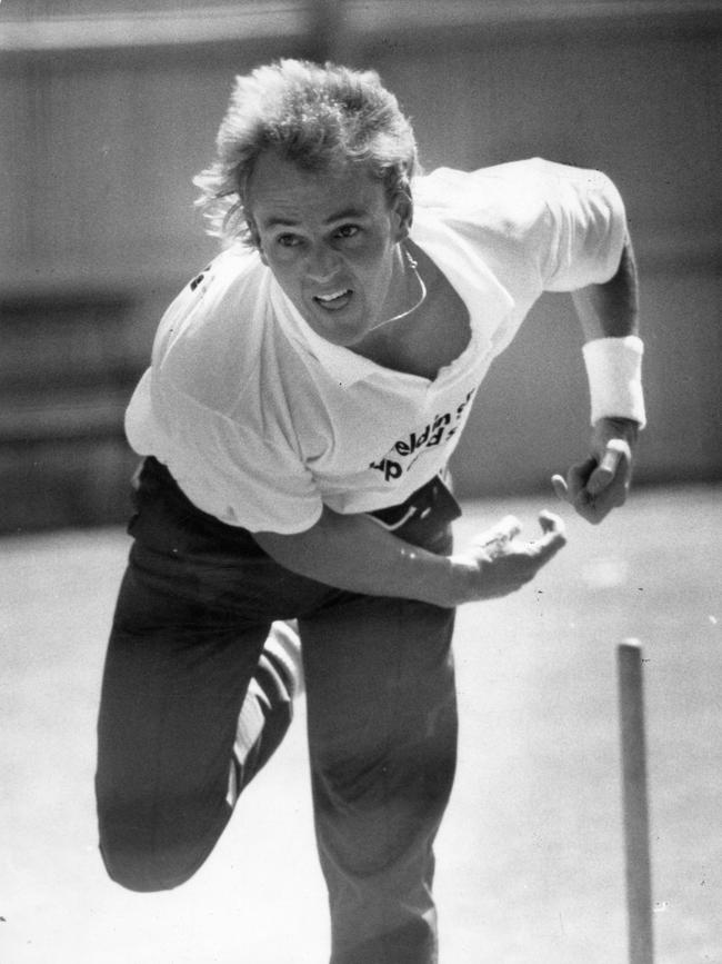 Australian cricket's latest potential new cap, Tasmanian opening bowler Greg Campbell, practising during the Sheffield Shield match against SA at Adelaide Oval, 08 Mar 1989.