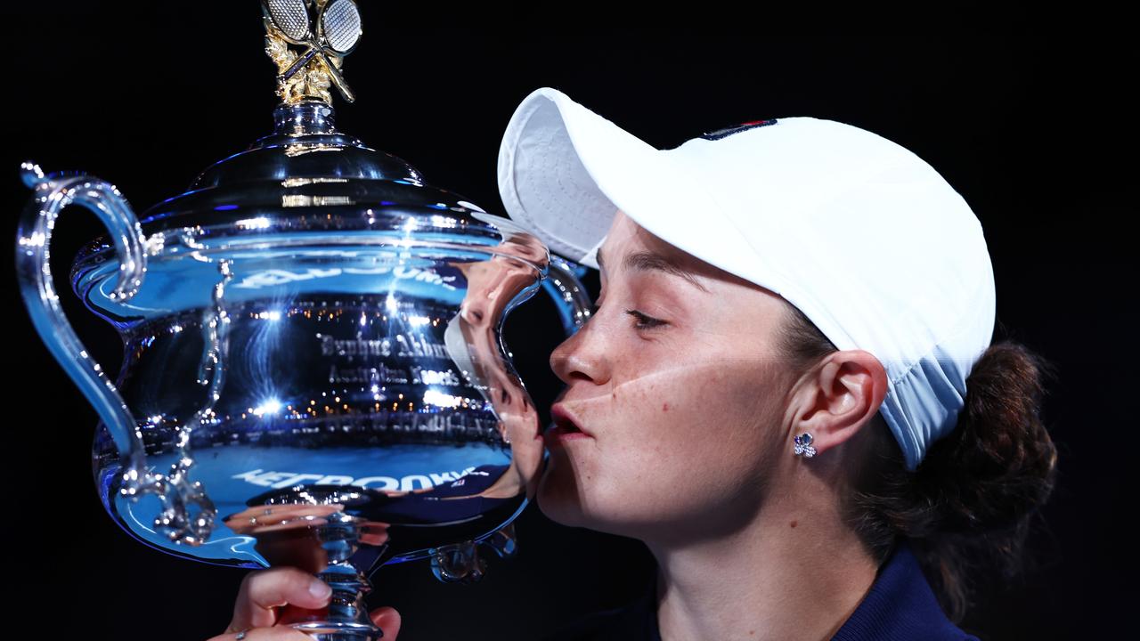 Ash Barty celebrates her win at the Australian Open at Melbourne Park on January 29, 2022. Picture: Getty