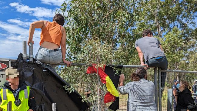 Protesters outside a Deebing Heights site after its First Nations occupants were evicted this morning, May 2. Picture: Nicola McNamara