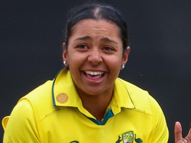 MELBOURNE, AUSTRALIA - OCTOBER 12: Alana King of Australia celebrates Stafanie Taylor of the West Indies during game two of the womens One Day International series between Australia and the West Indies at Junction Oval on October 12, 2023 in Melbourne, Australia. (Photo by Asanka Ratnayake/Getty Images)