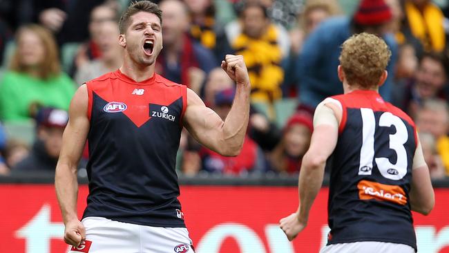 Jesse Hogan celebrates a goal. Picture: Michael Klein