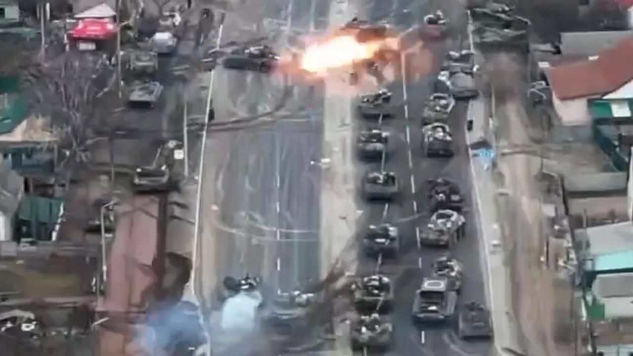 A Russian tank explodes as a convoy comes under attack by the Ukrainian Army.