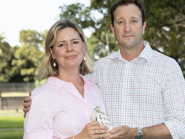 SYDNEY, AUSTRALIA - NewsWire- Wednesday, 26 February 2025:Elouise and Danny Massa, parents of the boy who died after negligence at Northern Beaches hospital pictured speaking to press under the Fig Tree on Hospital Rd, The Domain, Sydney, after meeting with Premier Chris Minns.Picture: NewsWire / Monique Harmer