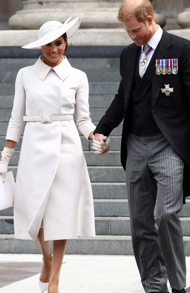 Not courting attention! The Duchess of Sussex returned to London with Prince Harry for the Queen’s Platinum Jubilee weekend. Picture: Getty Images