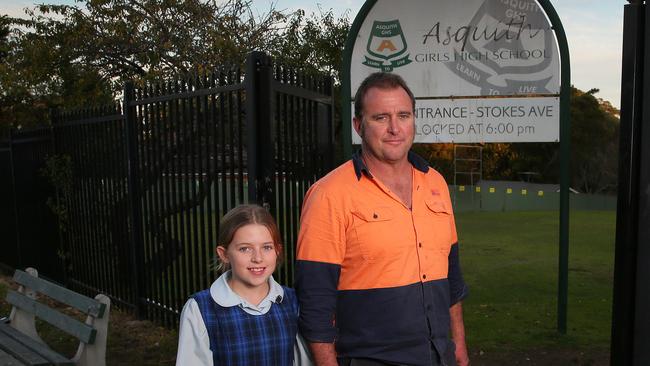 Tabitha Woodford is about to start High School but will have to travel to Terrey Hills to be at a Co-ed school. Pictured with Father Luke. Picture: Adam Ward