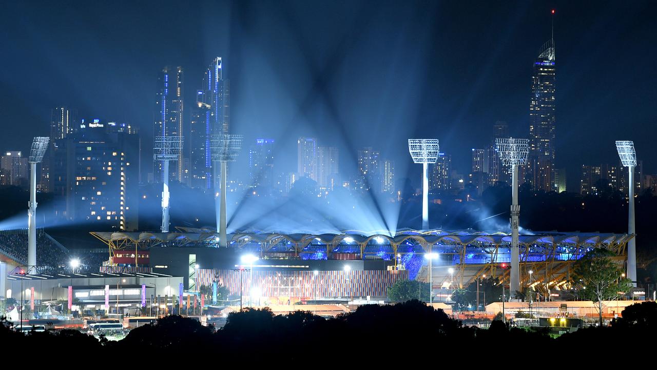 Carrara Stadium lights up during a rehearsal for the Opening Ceremony. Picture: AAP
