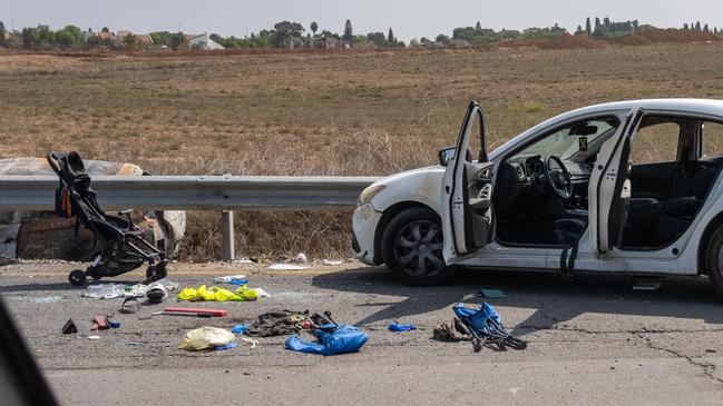 A baby stroller following an attack outside Kfar Aza. Picture: Getty Images