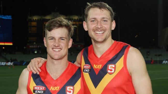 Murphy Short (left) with former CMS Crows teammate Ben Edwards. Picture: CMS Crows Football Club