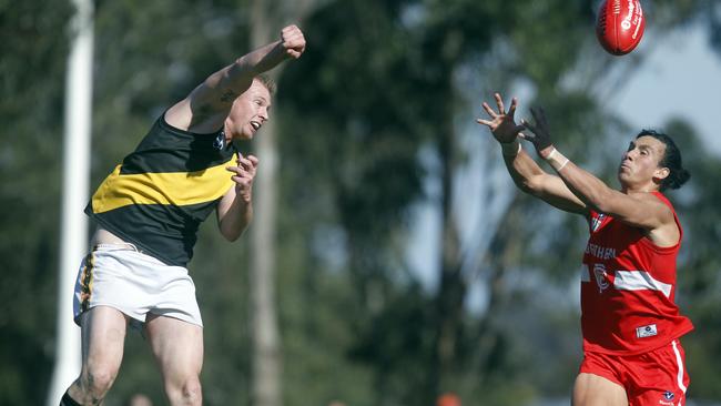 VAFA Division 3 grand final: Northern Blues V Richmond Central at Garvey Oval Bundoora. Reed Jepson from Northern Blues and Luke Carland from Richmond Central Picture: Richard Serong