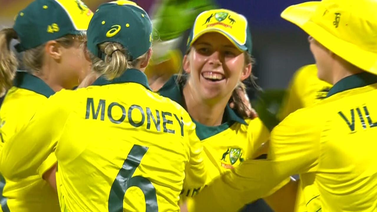 Australia celebrate Georgia Wareham’s stunning run out in the T20 final.