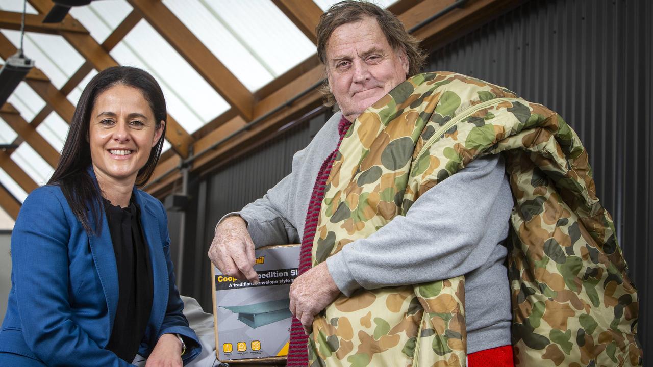 Alex Dimos from the Blanket Appeal Foundation with Peter, a Hutt Street client at Hutt Street Centre, SA. Picture: Emma Brasier