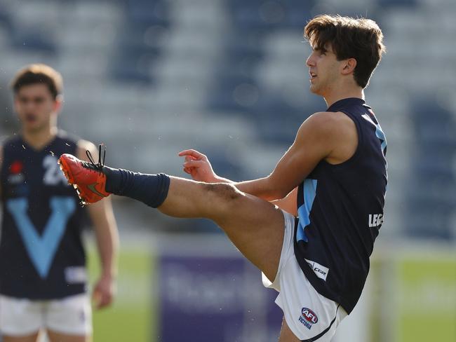 Josh Daicos, goaling at Simonds Stadium, has the skills of his father Peter, who says his boy might one day be better than him. Picture: AFL Media