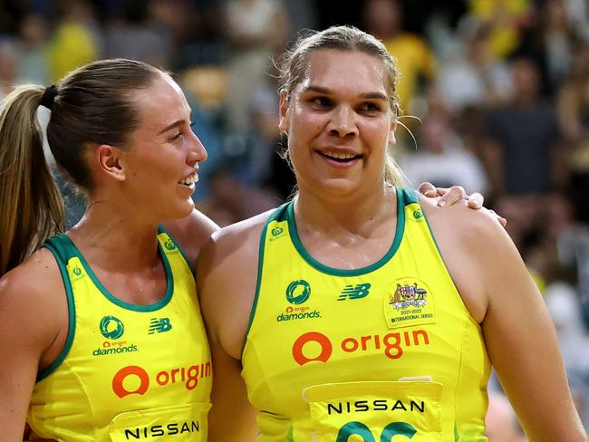 NEWCASTLE, AUSTRALIA - OCTOBER 26: Donnell Wallam of the Australia Diamonds celebrates with team mates at full time during game one of the International Test series between the Australia Diamonds and England Roses at Newcastle Entertainment Centre on October 26, 2022 in Newcastle, Australia. (Photo by Brendon Thorne/Getty Images for Netball Australia)