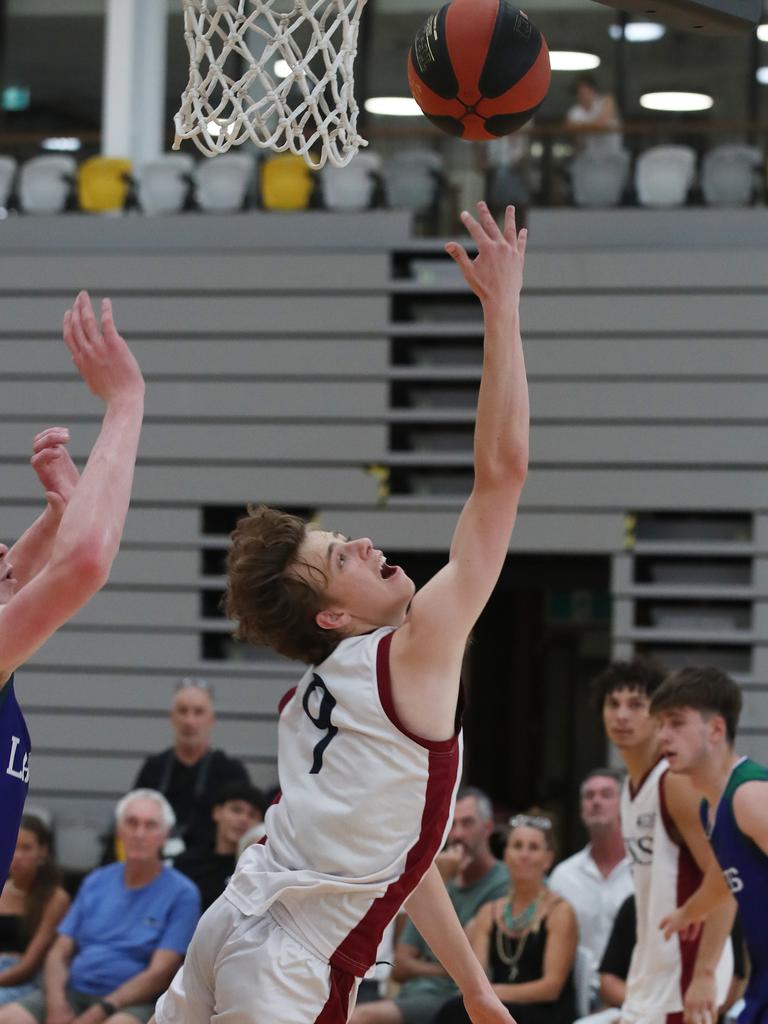 Basketball Australia Schools Championships at Carrara. Mens open final, Lake Ginninderra College Lakers V TSS (in white). Indy Cotton on fire for TSS in the final. Picture Glenn Hampson