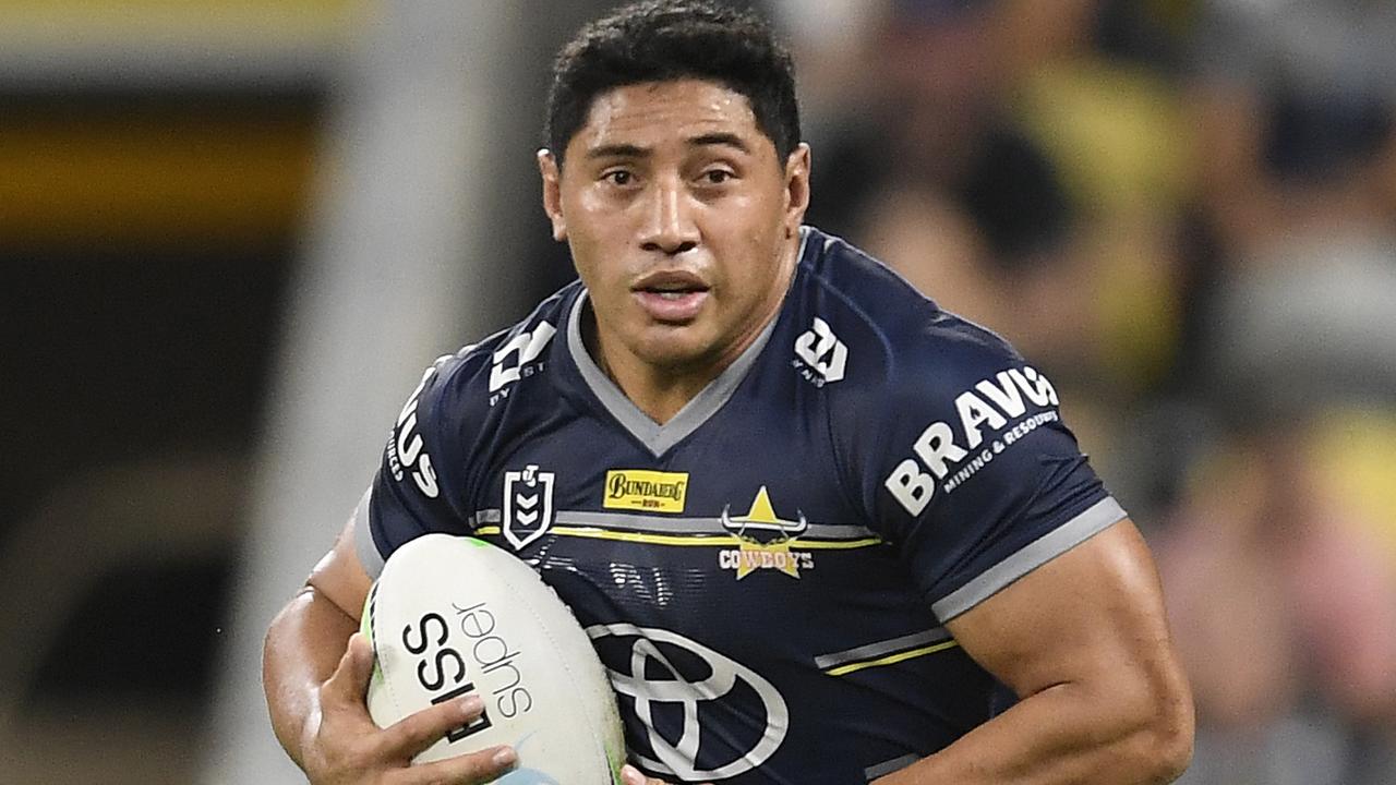 TOWNSVILLE, AUSTRALIA - MAY 20: Jason Taumalolo of the Cowboys runs the ball during the round 11 NRL match between the North Queensland Cowboys and the Newcastle Knights at QCB Stadium, on May 20, 2021, in Townsville, Australia. (Photo by Ian Hitchcock/Getty Images)
