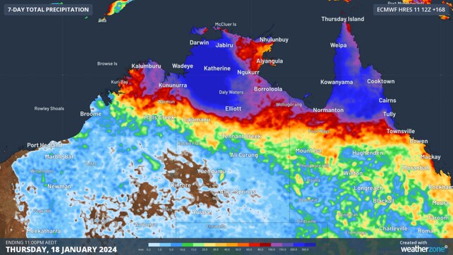 7-day accumulated rainfall forecast until 11pm AEDT on Thursday, January 18.