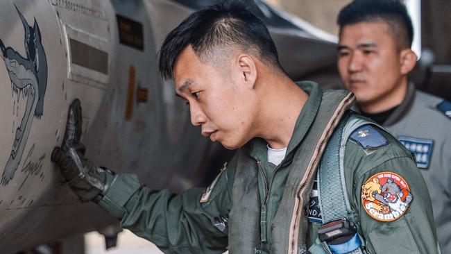 A Taiwanese air force fighter pilot in an undisclosed location as China conducts military exercises around the self-ruled island. Picture: AFP/ Taiwan's Ministry of National Defence