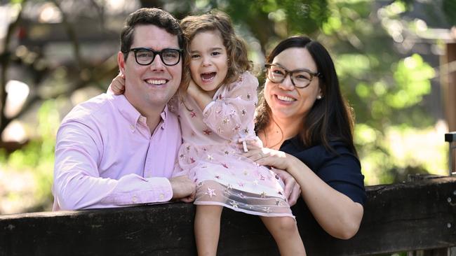 Long-term Brisbane City councillor Ryan Murphy with wife Emma Yabsley and daughter Elodie Murphy at their home in Seven Hills, Brisbane. Picture: Lyndon Mechielsen/The Australian