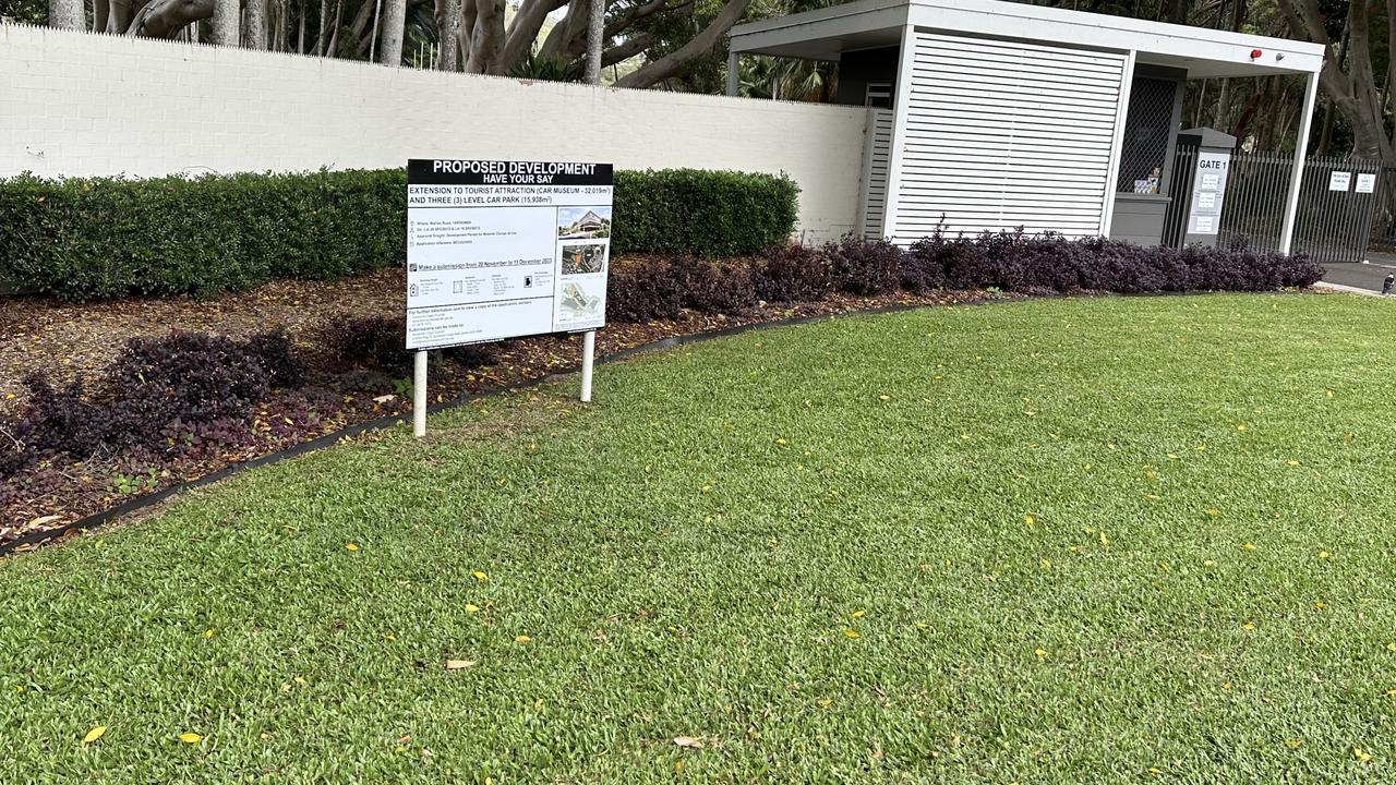 A sign at the front gate of Palmer Coolum Resort advising of the initial public consultation period for the proposed car museum. The photo was taken on Friday, November 24, before the latest public notification period was announced. Picture: Letea Cavander