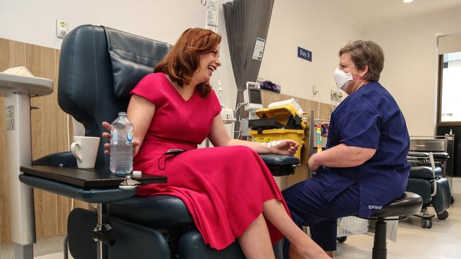 Anika Wells receives a transfusion by registered nurse, Maree Bishop from the North West Private Hospital Infusion Centre. Picture: Zak Simmonds