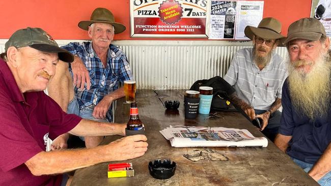 Longtime member of Veterans Australia NT and a former soldier of the 6th Battalion, Royal Australian Regiment (6RAR) Rodney 'Smokey' Bates (back right) with friends at the Noonamah Tavern. Picture: Noonamah Pub / Supplied.