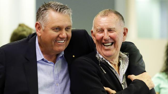 Maquaurie Radio's Ray Hadley and John Singleton are pictured celebrating winning over a 100 consecutive radio surveys. Picture: Justin Lloyd