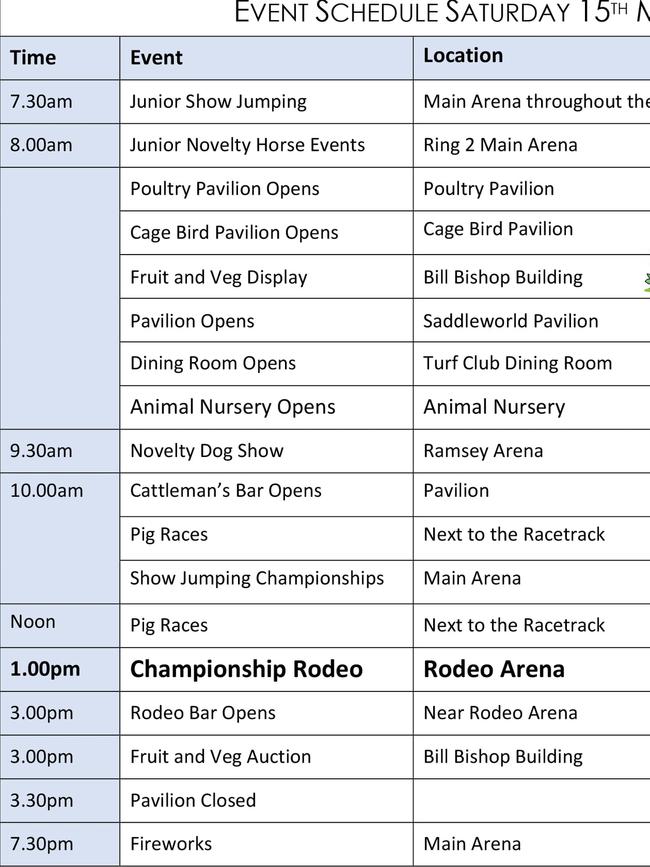 Saturday Gympie Show schedule 2021