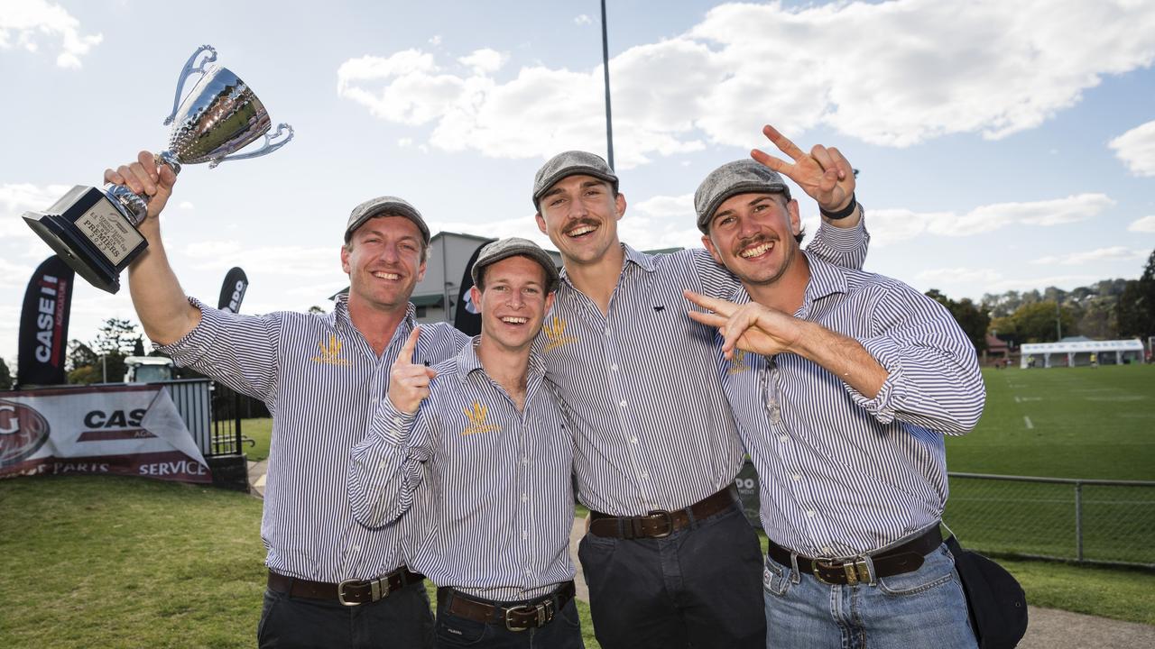 Dalby Wheatman including C Grade vice-captain Joey Farrell (second, from left) show off their silverware after winning the ES Dooney Hayes Cup on Downs Rugby 2023 grand final. Picture: Kevin Farmer.