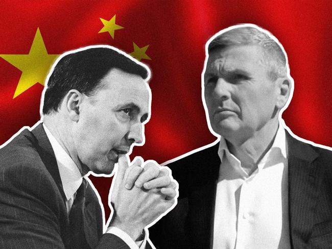 16 August 2024; A photo comp of Chris Uhlmann and Paul Keating with an stock photo of the Chinese flag behind them. Collage. Sources: supplied and iStock. Ratio 4:3.