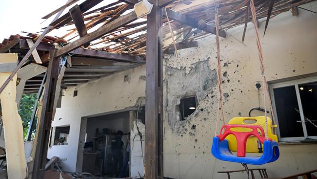 A house is left in ruins after five family members were kidnapped by Hamas militants attacked this kibbutz near the Gaza border. Picture: Getty