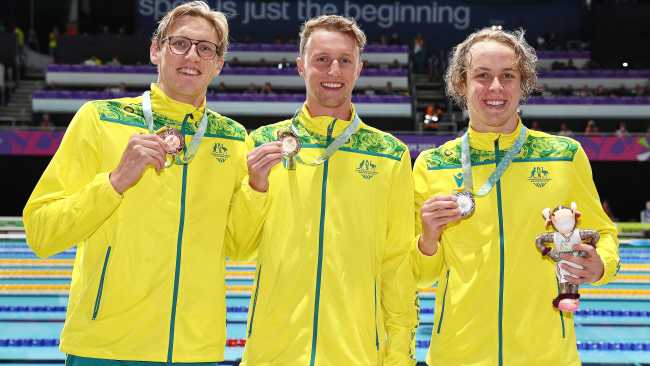 Australia also claimed a 1-2-3 finish in the men's 400m freestyle final with Elijah Winnington winning the gold medal, Sam Short the silver and Mack Horton the bronze. Picture: Michael Klein
