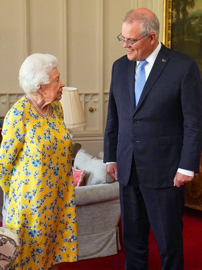 Britain’s Queen Elizabeth II receives Australia’s Prime Minister Scott Morrison at Windsor Castle. Picture: AFP