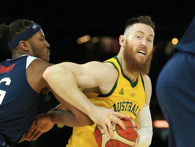 International Basketball Series Australian Boomers V USA Basketball at Marvel Stadium, Saturday August 24, 2019. Myles Turner of Team USA in action against Aron Baynes of the Boomers. Picture: Mark Stewart