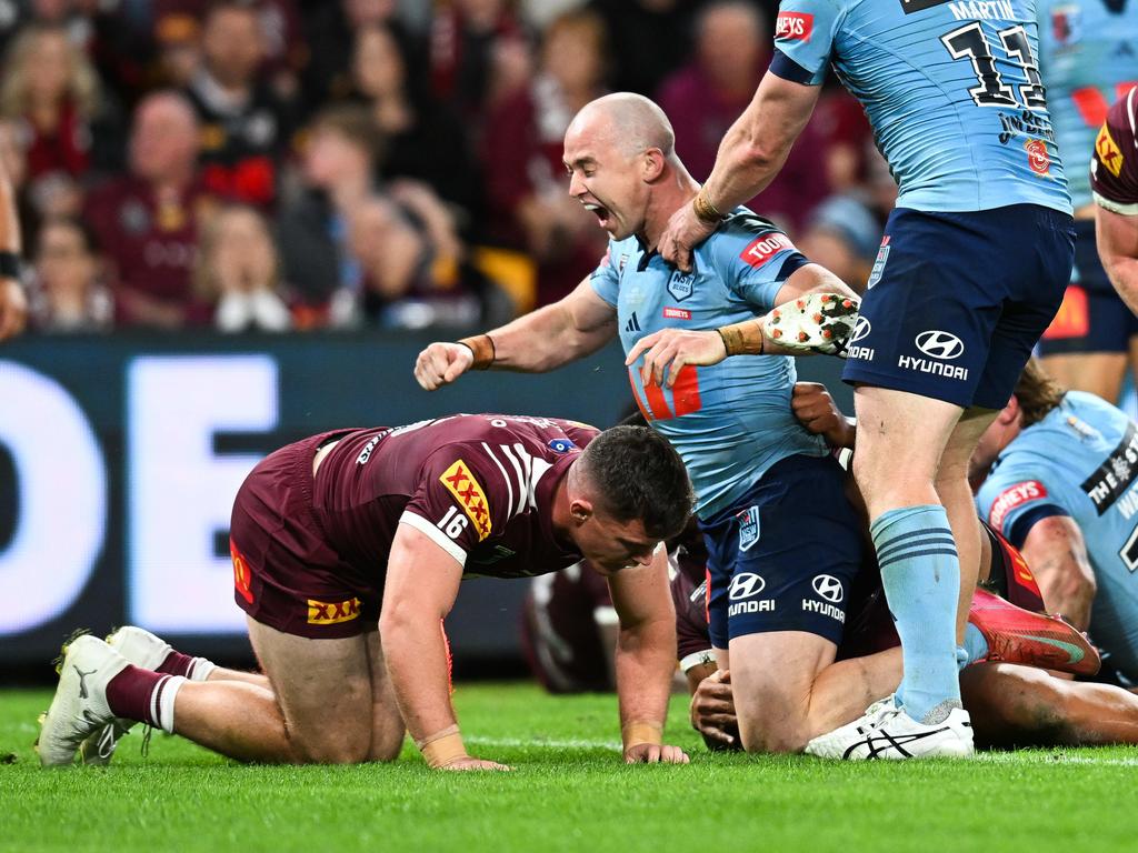 Dylan Edwards celebrates a try for the Blues. Picture: Dan Peled / NewsWire